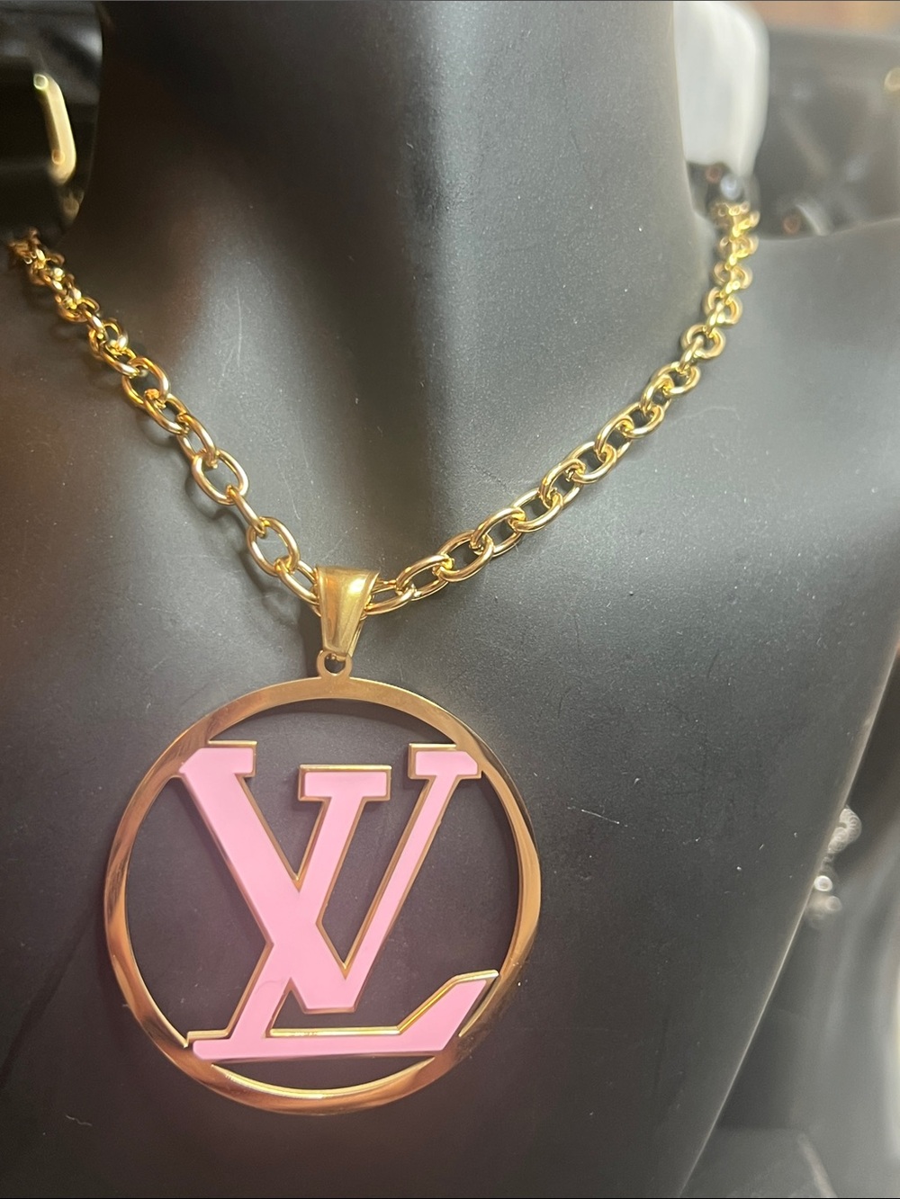 Gold and Pink Reversable Necklace Pink Logo-Style Pendant